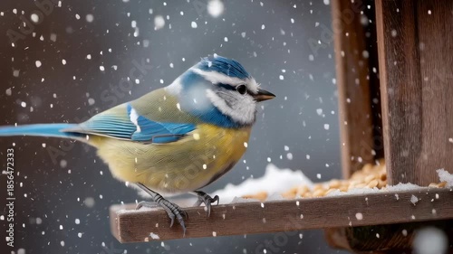Blue tit perched on a snowy bird feeder during gentle snowfall creating a soft winter wildlife scene of feeding survival and calm garden nature