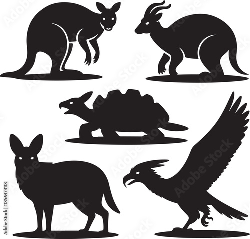 Collection of exotic animal silhouettes isolated on transparent background
