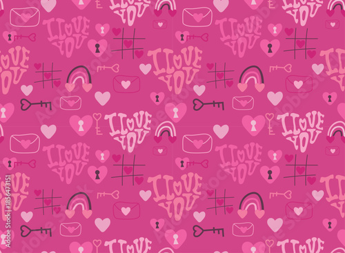 Groovy Y2K love seamless pattern with pink hearts and romantic doodles. Vibrant Valentine's Day vector background with envelopes, rainbows and hand-drawn letters.