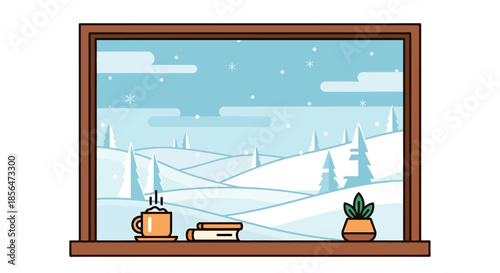 Cozy winter scene outside window with snowy landscape and warm cup