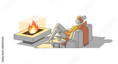 Cozy woman relaxing by warm fireplace with cup of coffee in modern living room