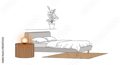 Cozy bedroom with modern bed and wooden nightstand