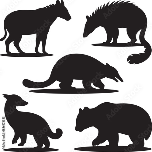 Collection of five animal silhouettes isolated on transparent background