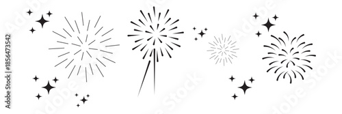 Hand drawn fireworks. Doodle festive explosion. Sketch line celebration sparks, festival lights, party fireworks elements. Explosive swirls, dots. Vector set