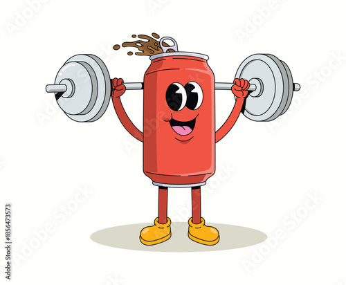 soda can weightlifting groovy cartoon illustration