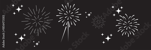 Hand drawn fireworks. Doodle festive explosion. Sketch line celebration sparks, festival lights, party fireworks elements. Explosive swirls, dots. Vector set