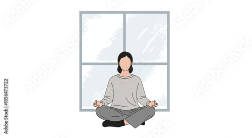 Serene woman meditating in lotus position by window
