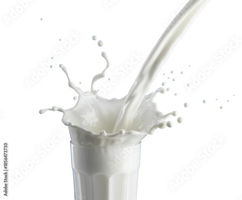 Milk Pouring into Glass with Splash on Blue Background