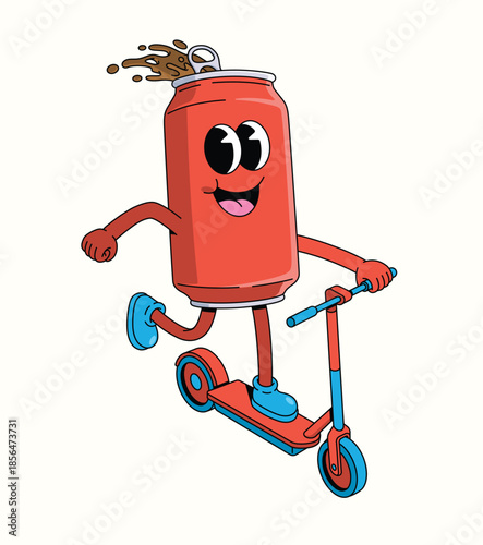 soda can kick scooter groovy cartoon illustration