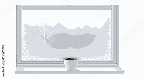 Cozy morning scene with steaming cup of coffee on snowy window sill