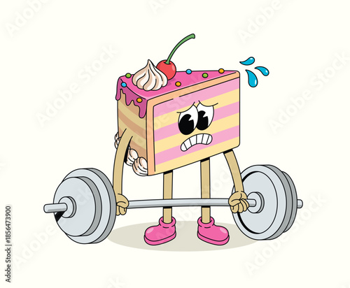 cake hard weightlifting groovy cartoon illustration