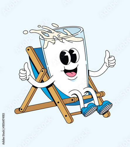 milk drink relaxing on chair groovy cartoon illustration