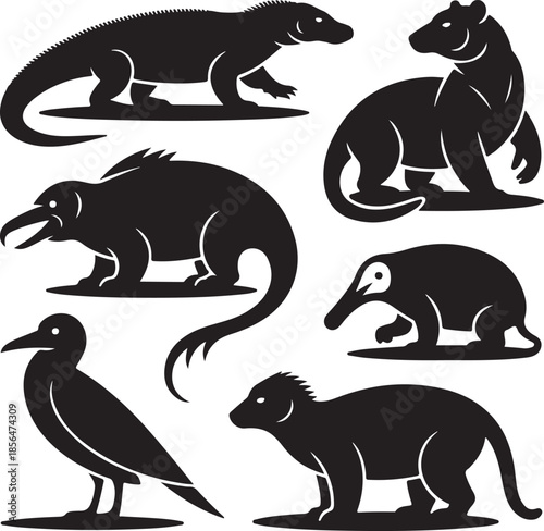 Collection of exotic animal silhouettes isolated on transparent background
