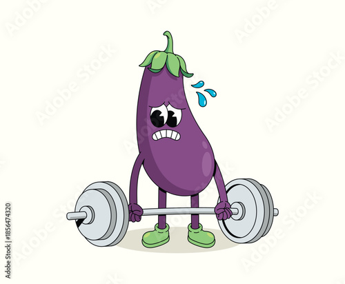 eggplant hard weightlifting groovy cartoon illustration