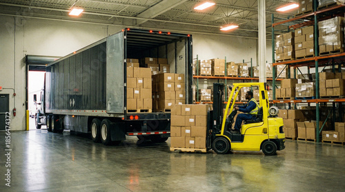 Forklift loading cardboard boxes into a semi-truck at a warehouse dock