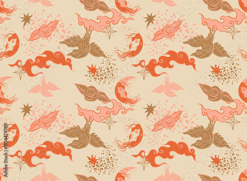 Mystical celestial seamless pattern with moon goddess, raven birds and roses. Esoteric witchy vector background for boho textile and astrology branding.