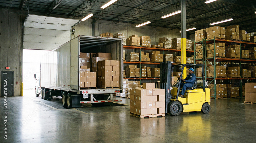 custom made wallpaper toronto digitalForklift loading cardboard boxes into a semi-truck at a warehouse dock