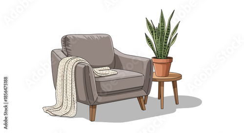 Cozy living room setup with comfortable armchair and potted plant