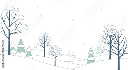 Snowy landscape with trees and hills in minimalist style