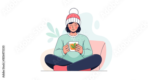 Woman in cozy winter attire enjoying a warm beverage