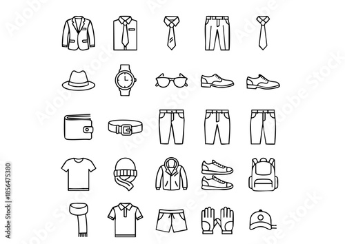 Modern Gentleman: Men’s Apparel & Accessories Vector Set, Minimalist Masculine Fashion Icon Collection, Essential Men’s Wardrobe Line Art Graphics