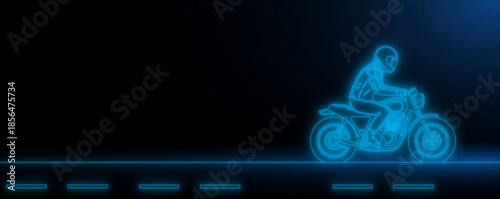 Neon Rider: Glowing Blue Biker Silhouette on Dark Road, Cyberpunk Motorcycle Outrun: Minimalist Electric Line Art, High-Speed Night Drive: Futurist Biker Profile Vector