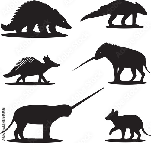 Collection of prehistoric and ancient mammal silhouettes isolated
