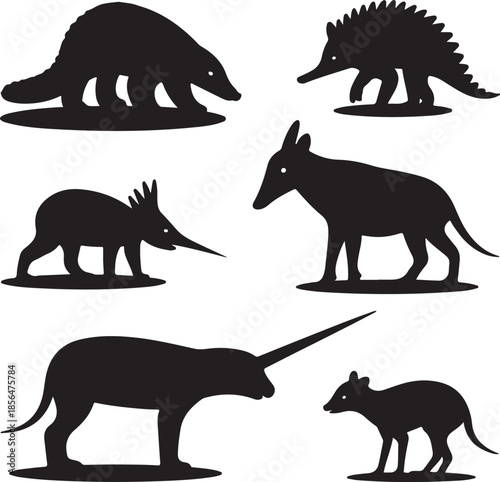 Collection of five prehistoric mammal silhouettes isolated on transparent background