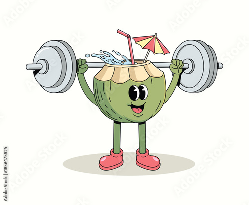 coconut weightlifting groovy cartoon illustration