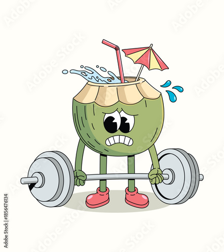 coconut hard weightlifting groovy cartoon illustration