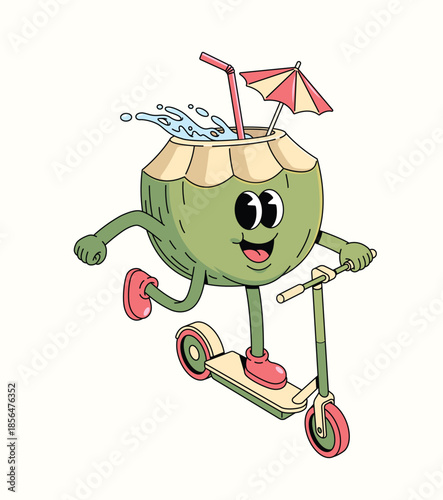 coconut kick scooter groovy cartoon illustration