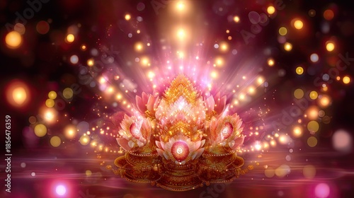 Radiant Lotus Blossom with Glowing Lights and Ethereal Background for Spiritual and Meditation Themes