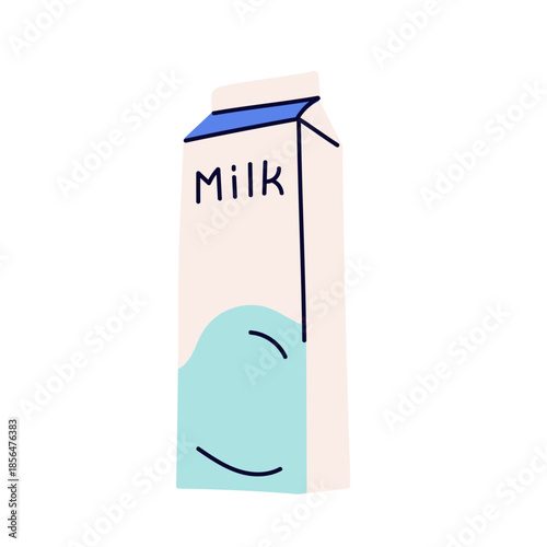 Fresh natural milky liquid product, packaging of drinking milk, healthy natural food, pack of farm dairy, paper box of cow or alternative milk flat vector.