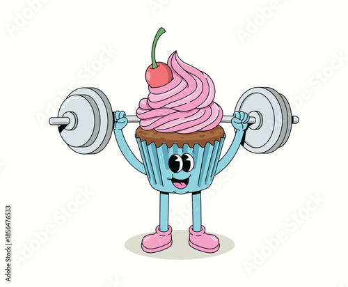 cupcake weightlifting groovy cartoon illustration