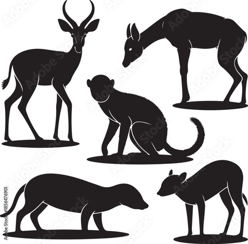 Silhouettes of five different wild animals isolated on transparent background