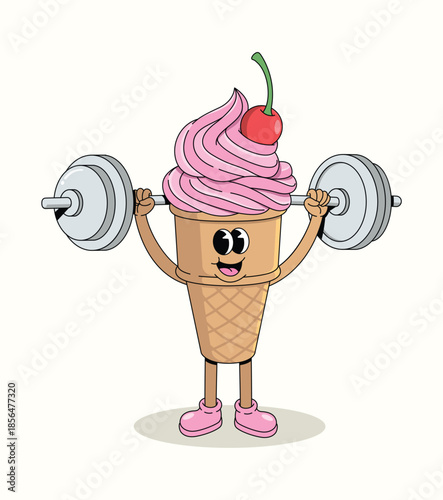 ice cream cone weightlifting groovy cartoon illustration