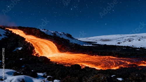 Lava flow in snowy landscape under starry sky