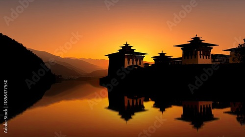 Serene Sunset Over Traditional Bhutanese Architecture with Reflections on Tranquil Water and Mountain Silhouettes