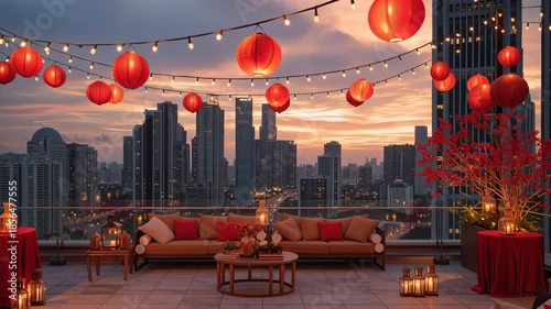 Rooftop city terrace decorated with red lanterns and warm lights for Chinese New Year celebration creating a festive urban evening atmosphere at sunset