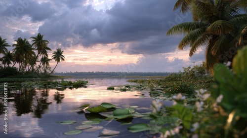 Tranquil Sunset Reflections Over a Serene Lagoon Surrounded by Tropical Palm Trees and Water Lilies