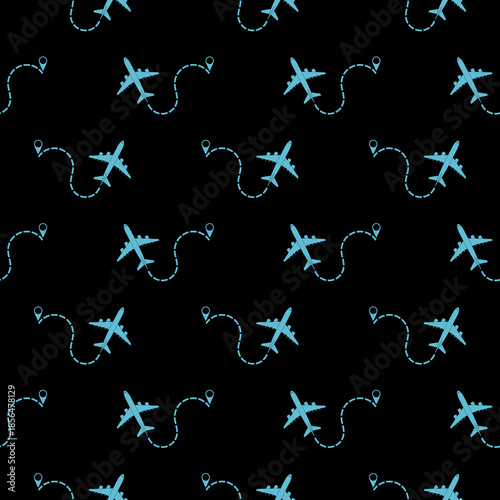 Airplane line path seamless pattern isolated on black background