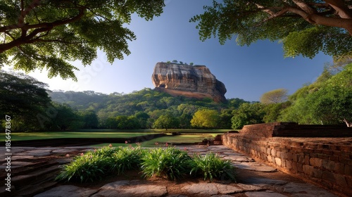 Serene Landscape Featuring Ancient Rock Fortress Surrounded by Lush Greenery and Clear Blue Sky