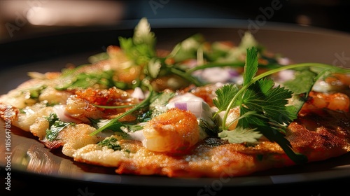 Delicious Seafood Pancake with Fresh Herbs and Vegetables on a Dark Plate