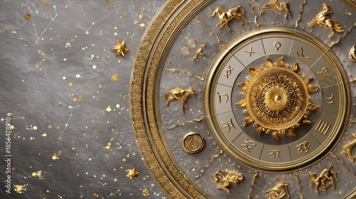 Golden Zodiac Wheel with Astrological Signs on a Starry Background for Celestial and Mystical Projects