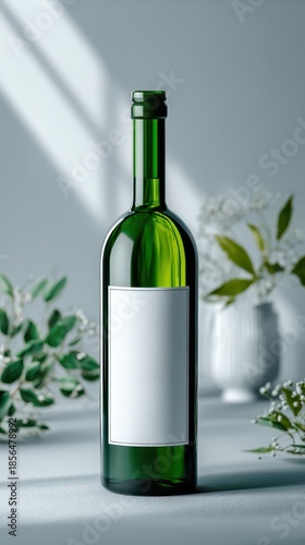 Green bottle with blank label showcasing product branding