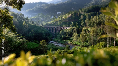 Scenic View of a Historic Viaduct Surrounded by Lush Green Hills and Vegetation in a Mountainous Landscape