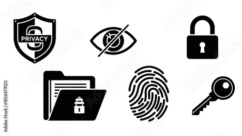 Collection of privacy and security icons, shield with privacy text, eye crossed out, padlock, folder with lock, fingerprint, key on white background