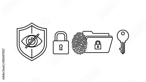Outline icons for privacy and security, shield with crossed out eye, padlock, fingerprint, folder, key on white background