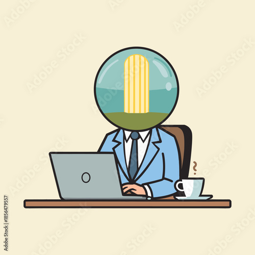 Creative Businessman with Aquarium Head Working on Laptop – Innovation and Idea Concept Vector Illustration