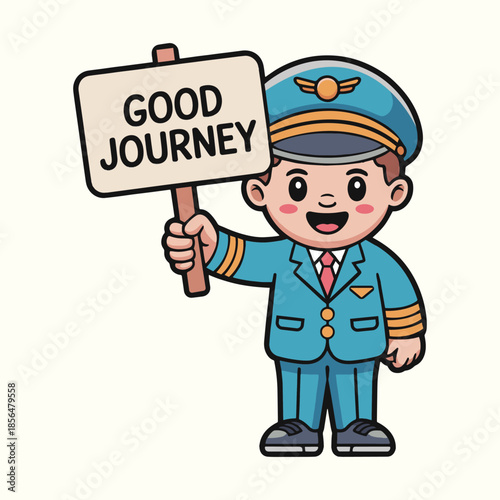 Cute Cartoon Pilot Holding Good Journey Signboard Flat Vector Illustration